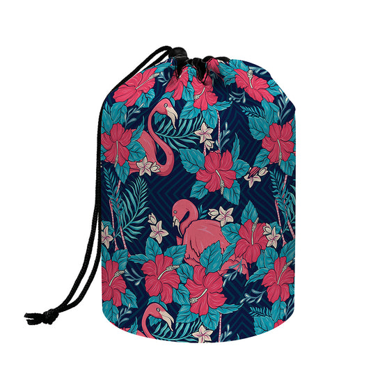 Flamingo And Hawaiian Floral Print Drawstring Makeup Bag