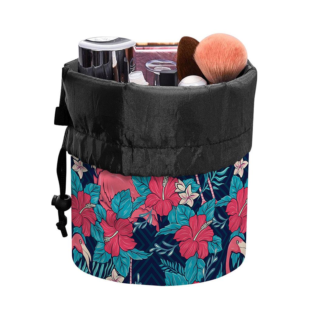 Flamingo And Hawaiian Floral Print Drawstring Makeup Bag