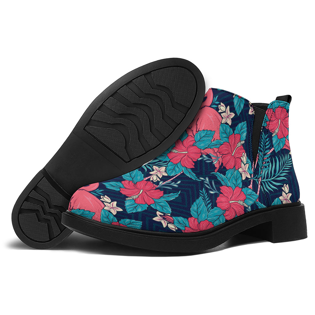 Flamingo And Hawaiian Floral Print Flat Ankle Boots