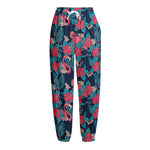 Flamingo And Hawaiian Floral Print Fleece Lined Knit Pants