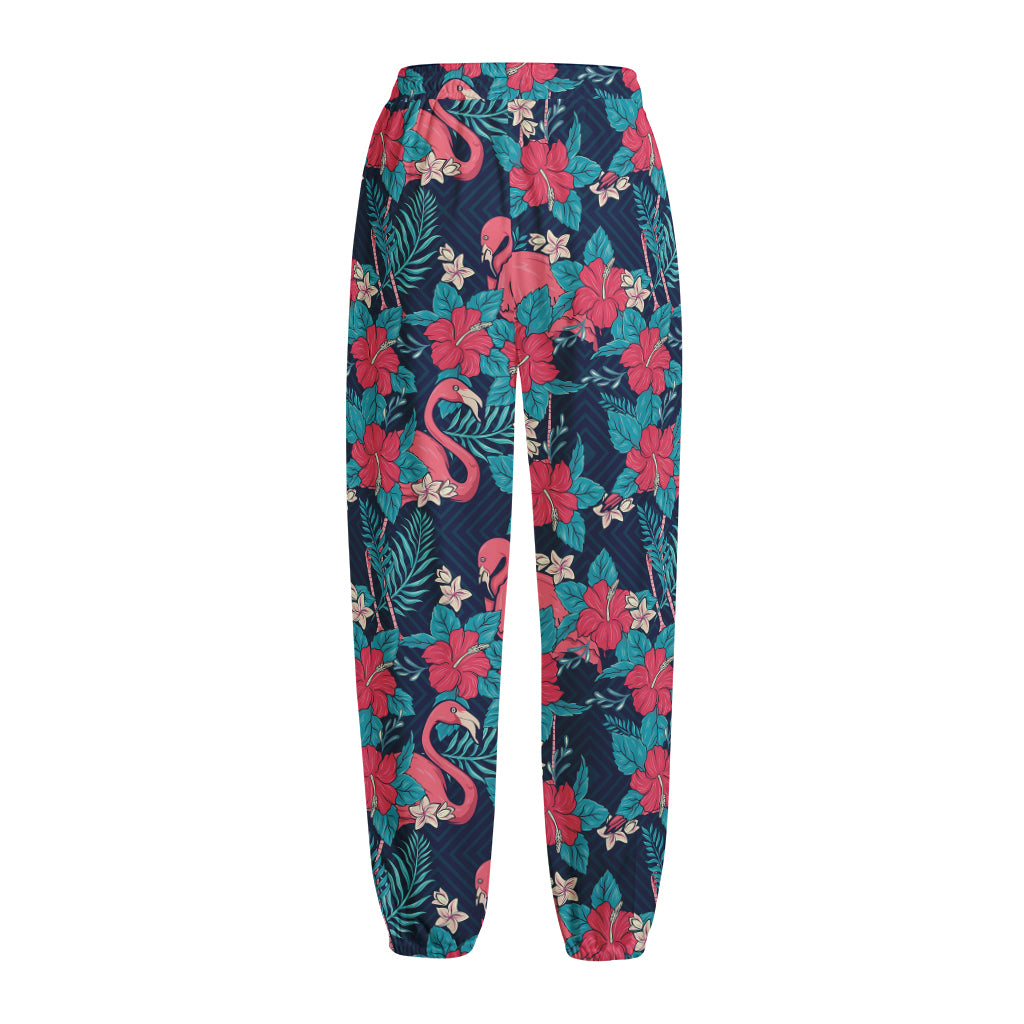 Flamingo And Hawaiian Floral Print Fleece Lined Knit Pants