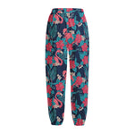 Flamingo And Hawaiian Floral Print Fleece Lined Knit Pants