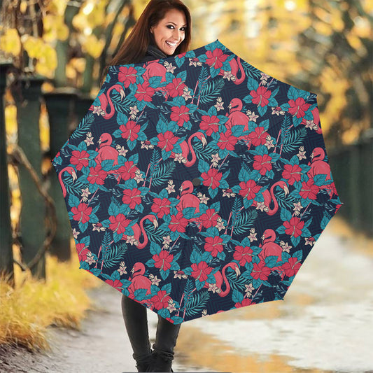 Flamingo And Hawaiian Floral Print Foldable Umbrella