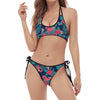 Flamingo And Hawaiian Floral Print Halter Scoop Tie Side Bikini