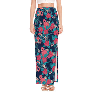 Flamingo And Hawaiian Floral Print High Slit Maxi Skirt