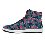 Flamingo And Hawaiian Floral Print High Top Leather Sneakers