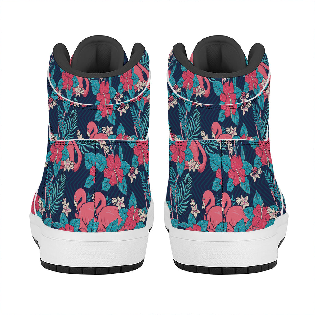 Flamingo And Hawaiian Floral Print High Top Leather Sneakers