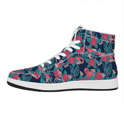 Flamingo And Hawaiian Floral Print High Top Leather Sneakers