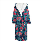 Flamingo And Hawaiian Floral Print Hooded Bathrobe