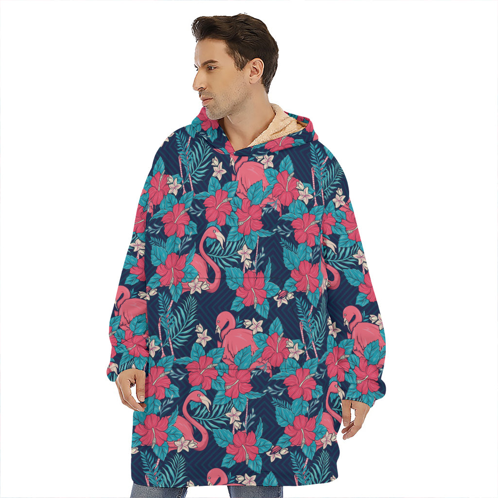 Flamingo And Hawaiian Floral Print Hoodie Blanket