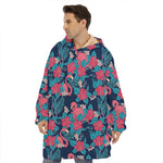 Flamingo And Hawaiian Floral Print Hoodie Blanket