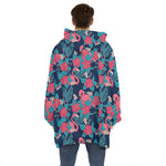Flamingo And Hawaiian Floral Print Hoodie Blanket