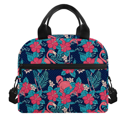 Flamingo And Hawaiian Floral Print Insulated Lunch Bag
