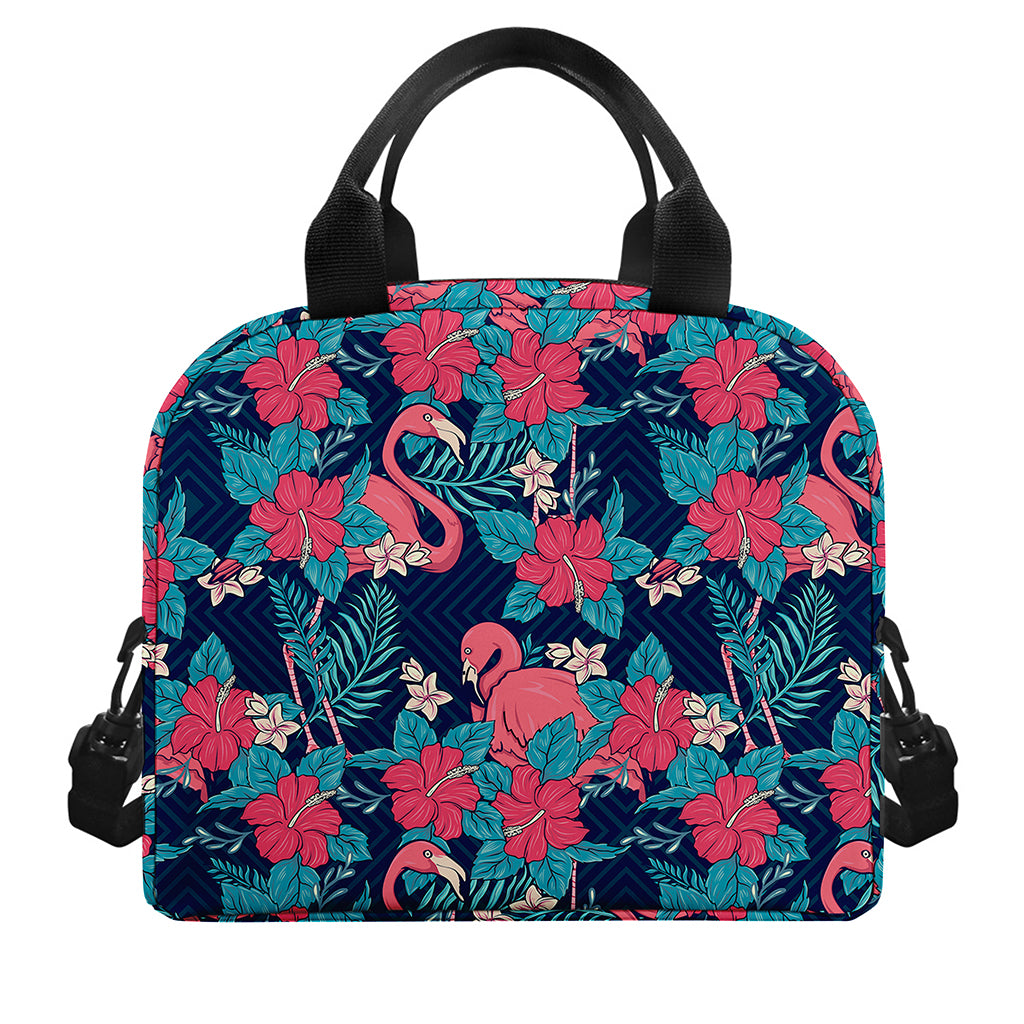 Flamingo And Hawaiian Floral Print Insulated Lunch Bag