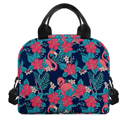 Flamingo And Hawaiian Floral Print Insulated Lunch Bag