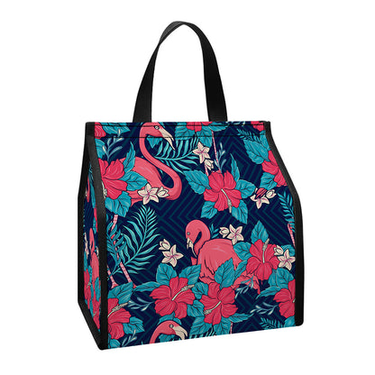 Flamingo And Hawaiian Floral Print Insulated Lunch Tote