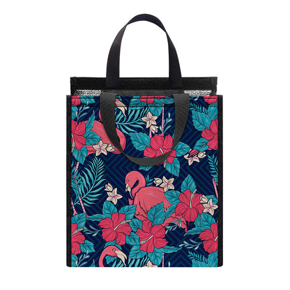 Flamingo And Hawaiian Floral Print Insulated Lunch Tote