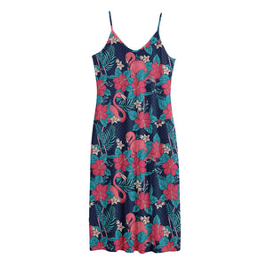 Flamingo And Hawaiian Floral Print Jersey Midi Cami Dress