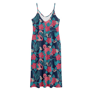 Flamingo And Hawaiian Floral Print Jersey Midi Cami Dress