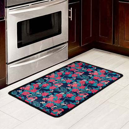 Flamingo And Hawaiian Floral Print Kitchen Mat