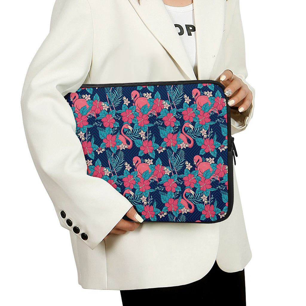 Flamingo And Hawaiian Floral Print Laptop Sleeve