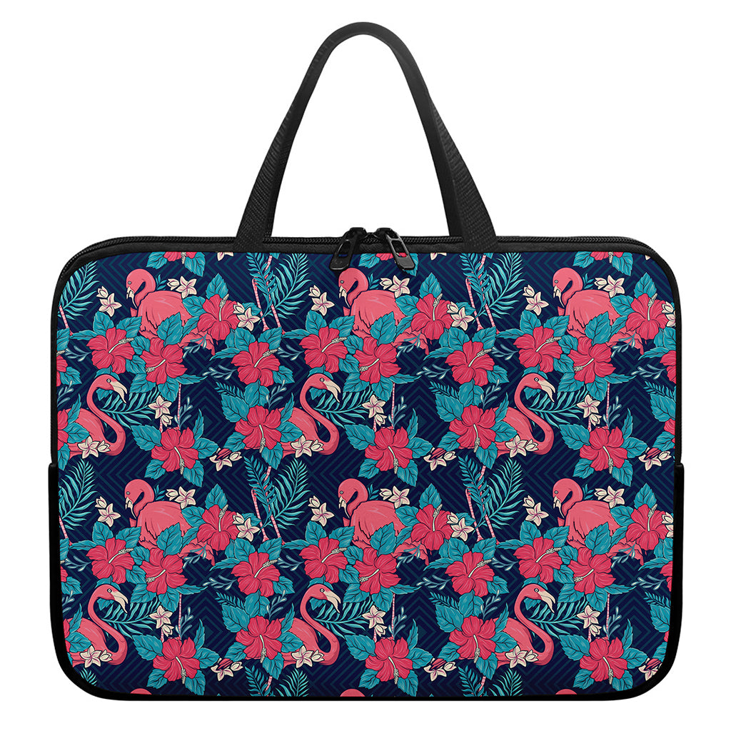 Flamingo And Hawaiian Floral Print Laptop Sleeve With Handle