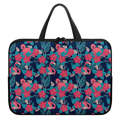 Flamingo And Hawaiian Floral Print Laptop Sleeve With Handle