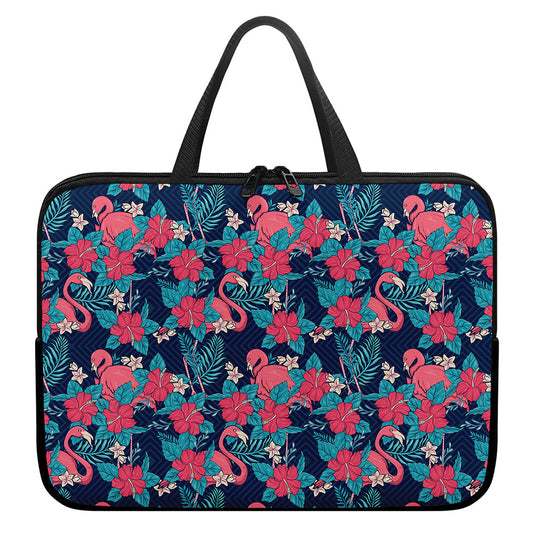 Flamingo And Hawaiian Floral Print Laptop Sleeve With Handle