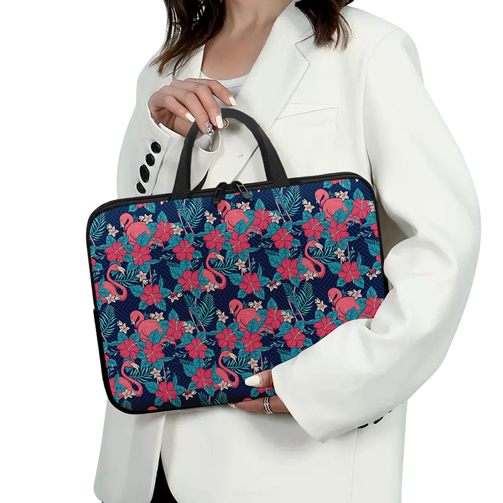 Flamingo And Hawaiian Floral Print Laptop Sleeve With Handle