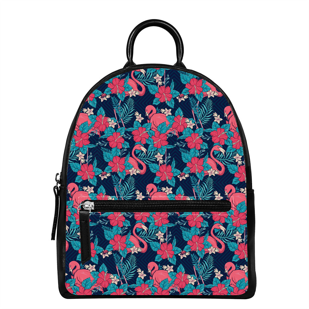 Flamingo And Hawaiian Floral Print Leather Backpack