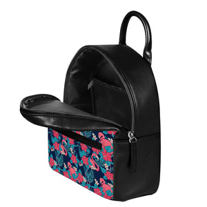 Flamingo And Hawaiian Floral Print Leather Backpack