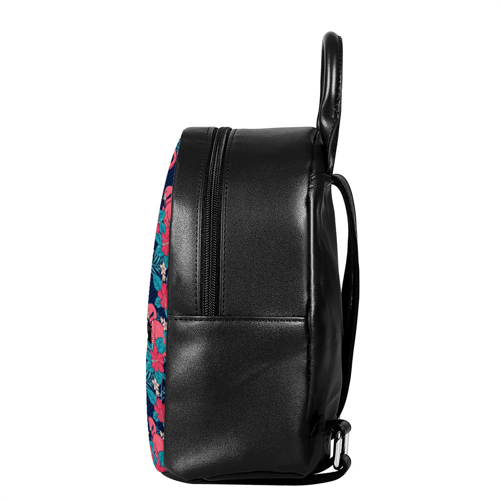 Flamingo And Hawaiian Floral Print Leather Backpack