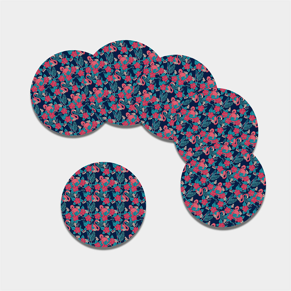 Flamingo And Hawaiian Floral Print Leather Coaster Set