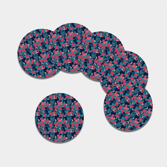 Flamingo And Hawaiian Floral Print Leather Coaster Set