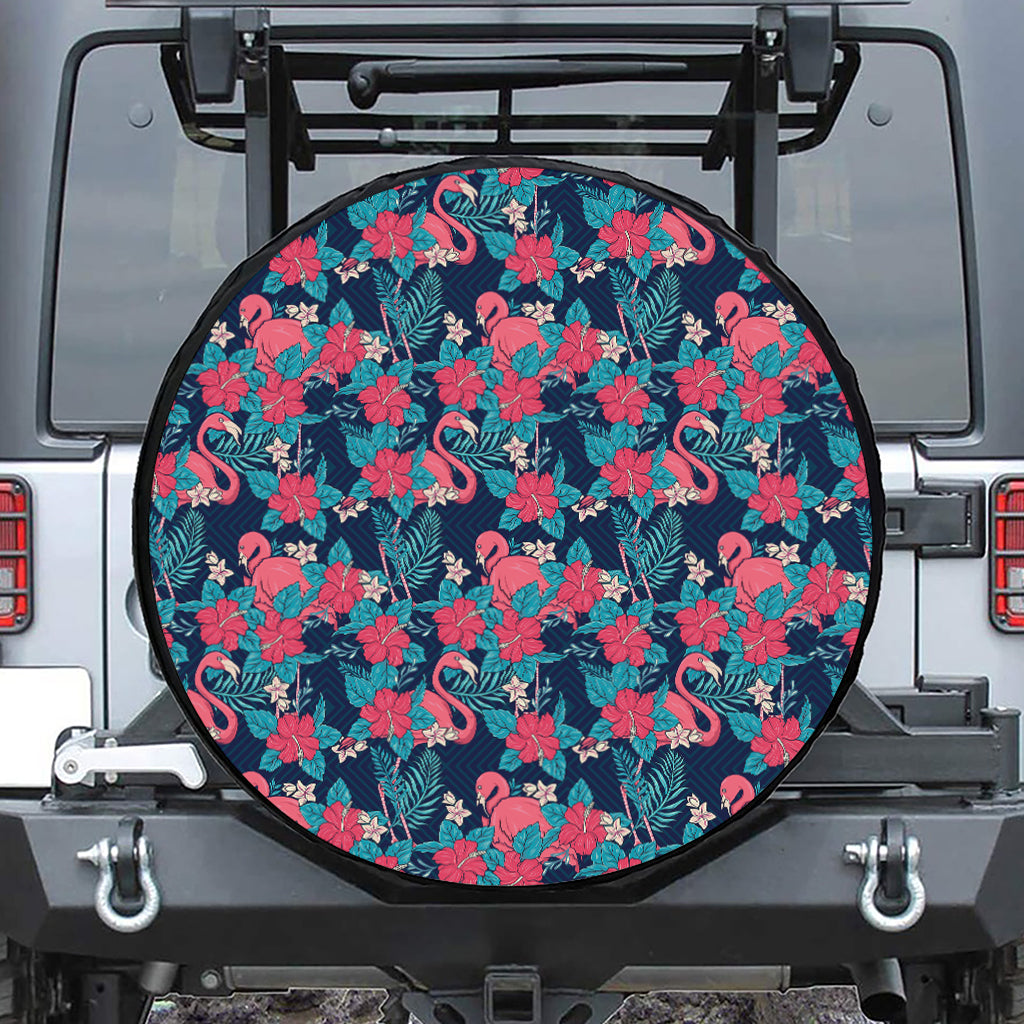 Flamingo And Hawaiian Floral Print Leather Spare Tire Cover