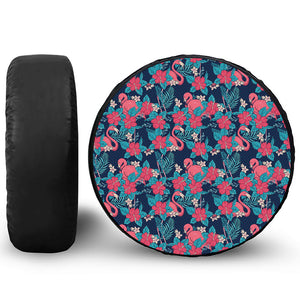 Flamingo And Hawaiian Floral Print Leather Spare Tire Cover