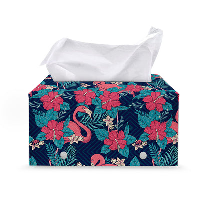 Flamingo And Hawaiian Floral Print Leather Tissue Box Cover
