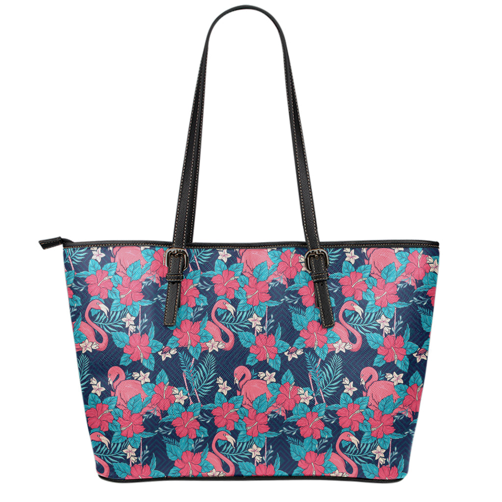 Flamingo And Hawaiian Floral Print Leather Tote Bag
