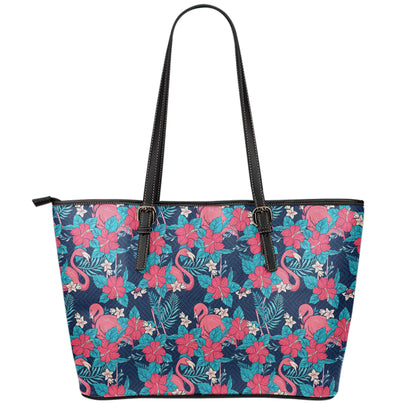 Flamingo And Hawaiian Floral Print Leather Tote Bag