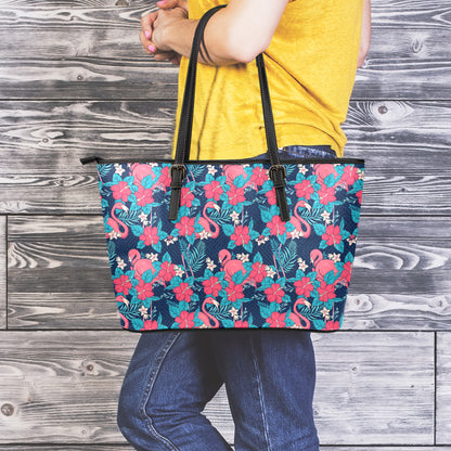 Flamingo And Hawaiian Floral Print Leather Tote Bag