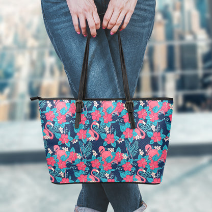 Flamingo And Hawaiian Floral Print Leather Tote Bag