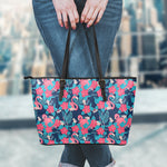 Flamingo And Hawaiian Floral Print Leather Tote Bag