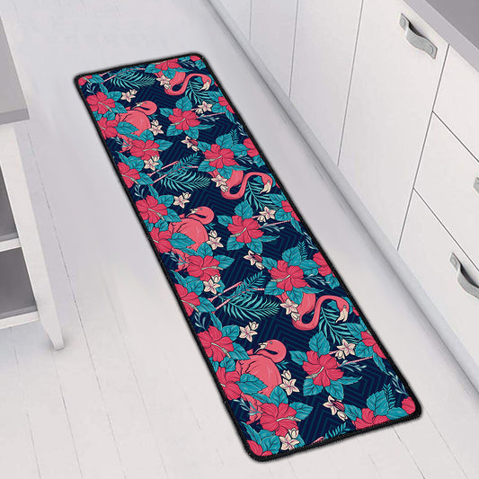 Flamingo And Hawaiian Floral Print Long Kitchen Mat