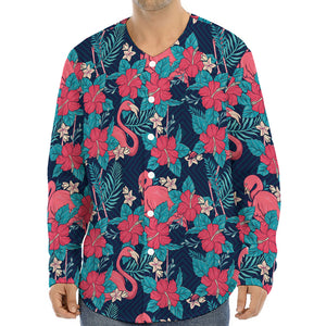 Flamingo And Hawaiian Floral Print Long Sleeve Baseball Jersey