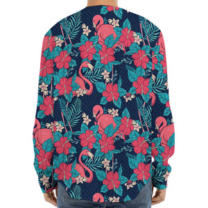 Flamingo And Hawaiian Floral Print Long Sleeve Baseball Jersey