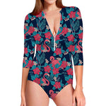 Flamingo And Hawaiian Floral Print Long Sleeve Swimsuit
