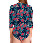 Flamingo And Hawaiian Floral Print Long Sleeve Swimsuit