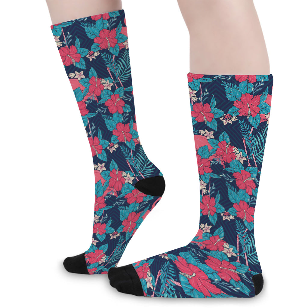 Flamingo And Hawaiian Floral Print Long Socks