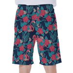 Flamingo And Hawaiian Floral Print Men's Beach Shorts