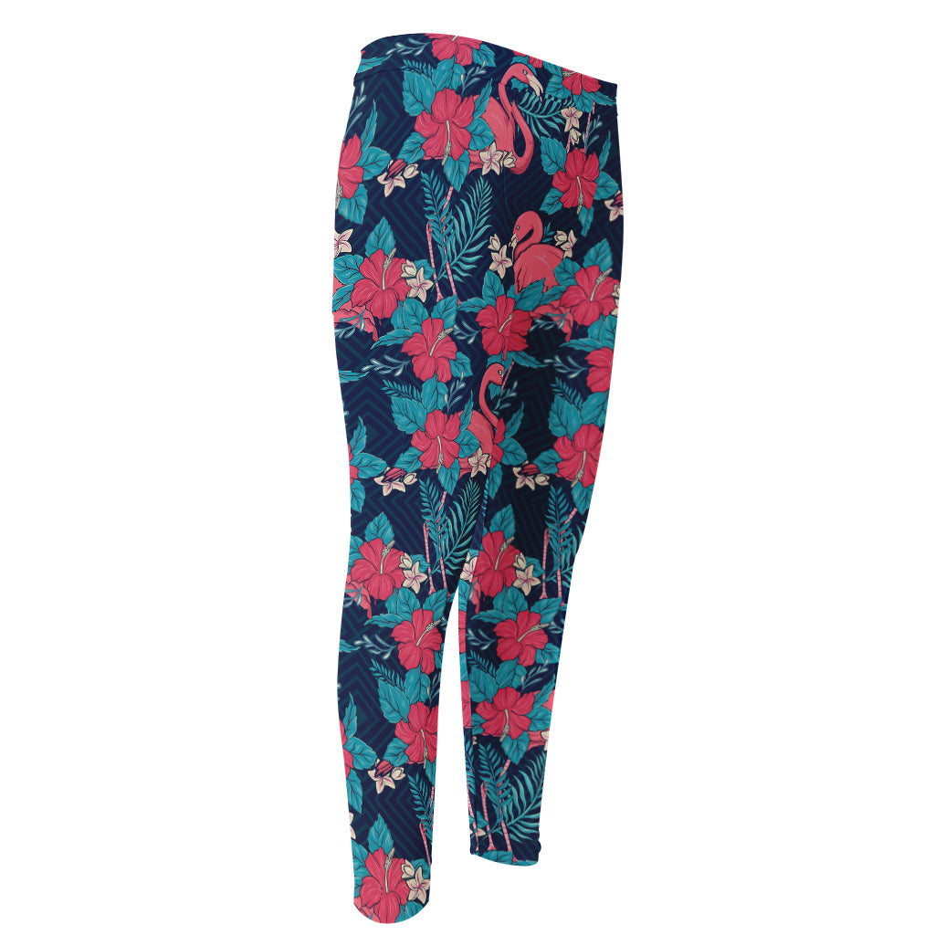 Flamingo And Hawaiian Floral Print Men's Compression Pants